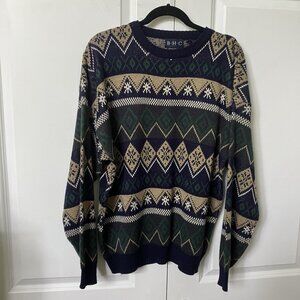 Vintage B.H.C Sweater Mens L Stripe Nordic Grandpa Oversized Blue Green Neutral